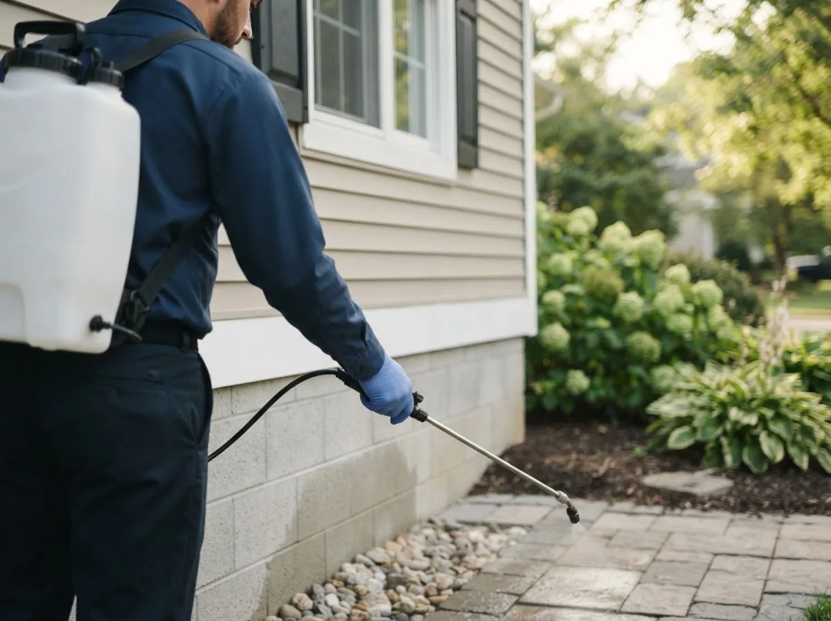 Pest control technician inspecting a home in Somerville, TX